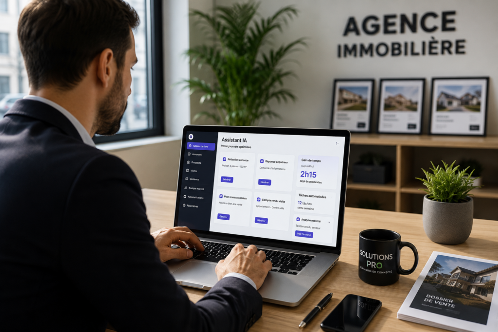 Conseiller immobilier utilisant une intelligence artificielle pour automatiser les tâches quotidiennes de son agence