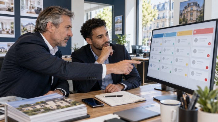 Directeur d’agence et négociateur qui analysent les prospects dans un CRM immobilier