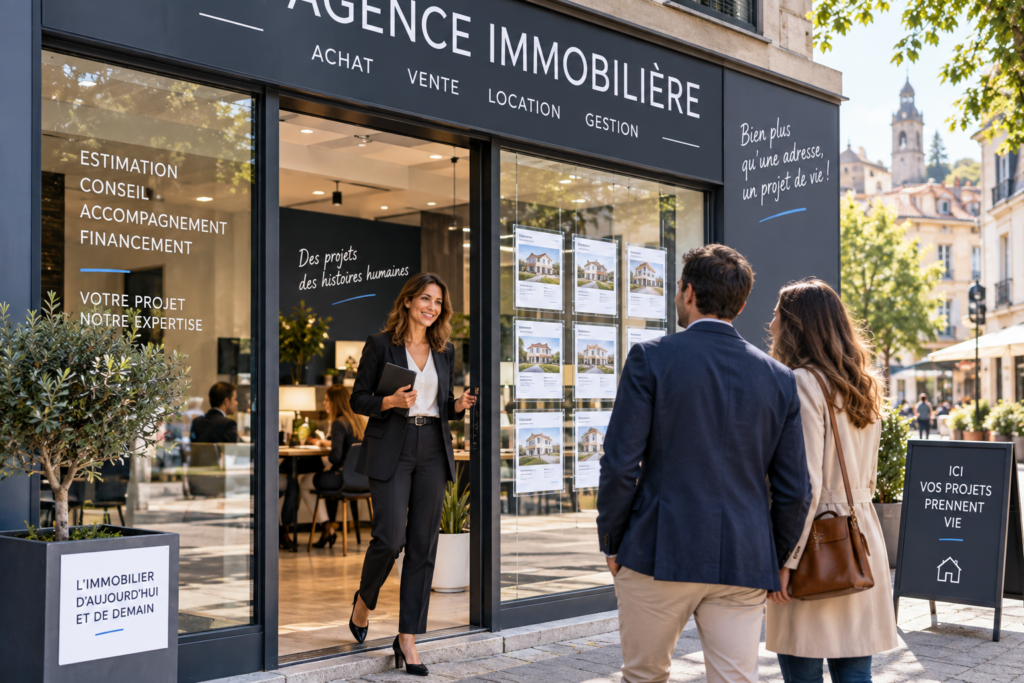 Agence immobilière physique avec vitrine et clients en 2026