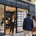 Agence immobilière physique avec vitrine et clients en 2026
