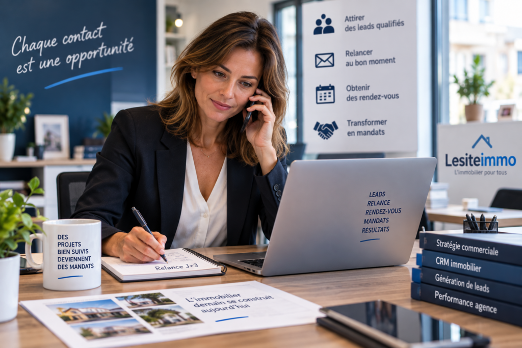 Agent immobilier relançant un lead commercial depuis son agence