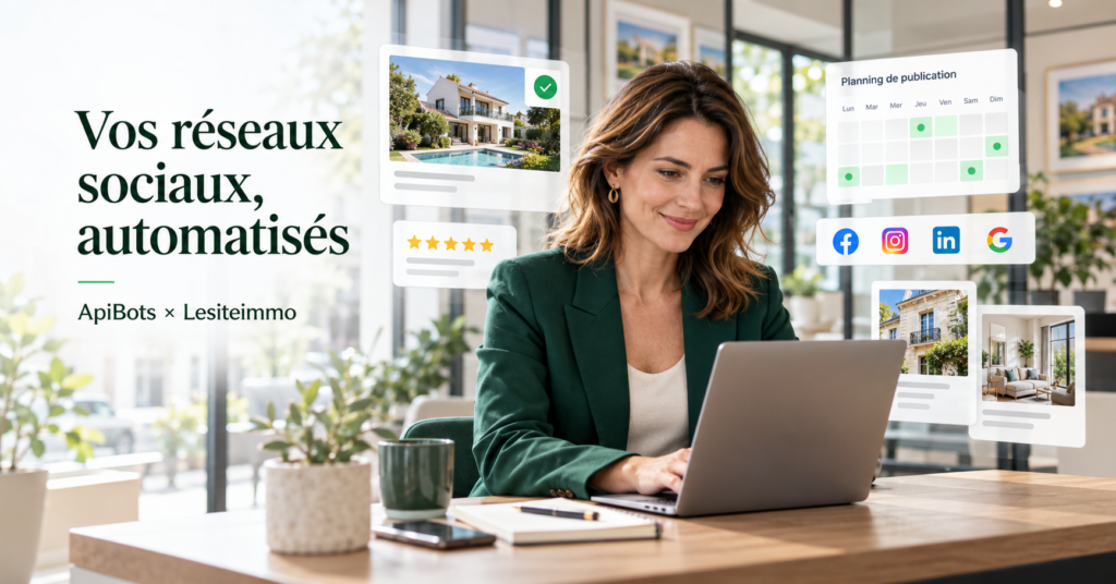 Conseillère immobilière utilisant son ordinateur, avec des illustrations de publications et d’avis clients sur les réseaux sociaux.