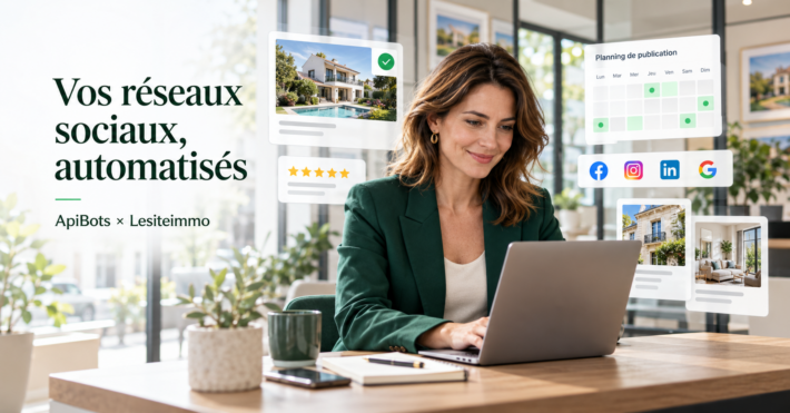 Conseillère immobilière utilisant son ordinateur, avec des illustrations de publications et d’avis clients sur les réseaux sociaux.