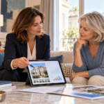 Agente immobilière expliquant une stratégie de baisse de prix à une propriétaire