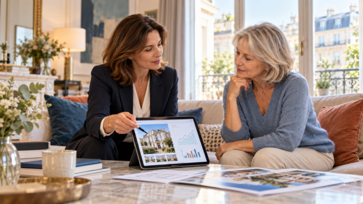 Agente immobilière expliquant une stratégie de baisse de prix à une propriétaire