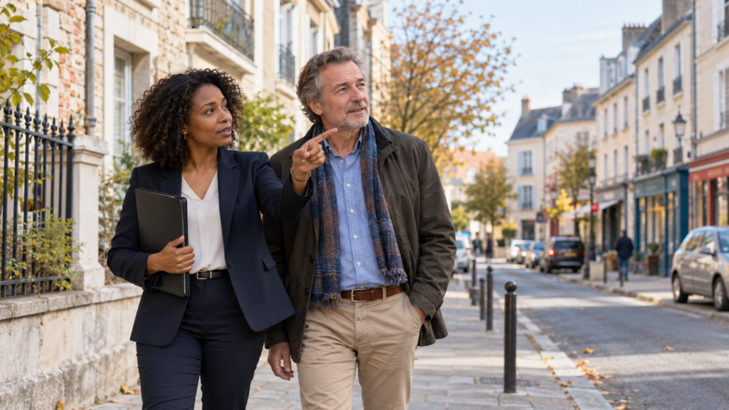 Agente immobilière présentant un quartier à un propriétaire lors d’un échange sur le marché local