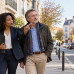 Agente immobilière présentant un quartier à un propriétaire lors d’un échange sur le marché local