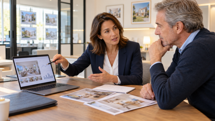 Agente immobilière analysant avec un propriétaire un mandat sans offre après 30 jours